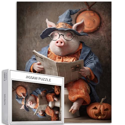 Pig Wizard sitzt auf der Toilette, 1000-teiliges Puzzle für Erwachsene, Halloween, niedliche Atmosphäre, Puzzle, anspruchsvolle Familienaktivitäten, buntes Bastelpuzzle für Heimdekoration, Geschenke von Generic
