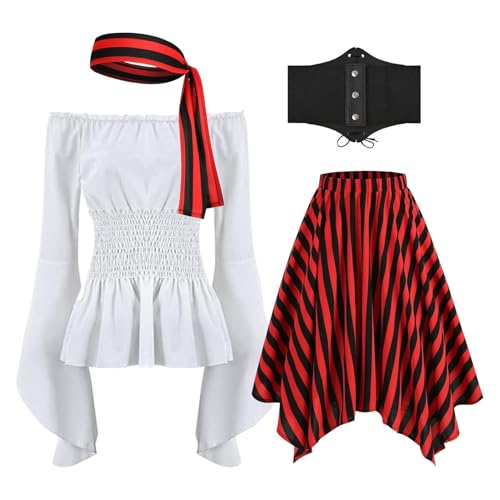 Piratenkorsettkleid, mittelalterlicher gestreikter Rock - Renaissance von Schulterbluse -Tops, Rollenspielkostüm Set für Halloween -Party Piratenkorsettkleid, mittelalterlicher gestreikter Rock - Renaissance von Schulterbluse -Tops, Rollenspielkostüm Set für Halloween -Party von Generic