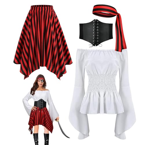 Piratenkorsettkleid, mittelalterlicher gestreikter Rock - Renaissance von Schulterbluse -Tops, Rollenspielkostüm Set für Halloween -Party Piratenkorsettkleid, mittelalterlicher gestreikter Rock - Renaissance von Schulterbluse -Tops, Rollenspielkostüm Set für Halloween -Party von Generic