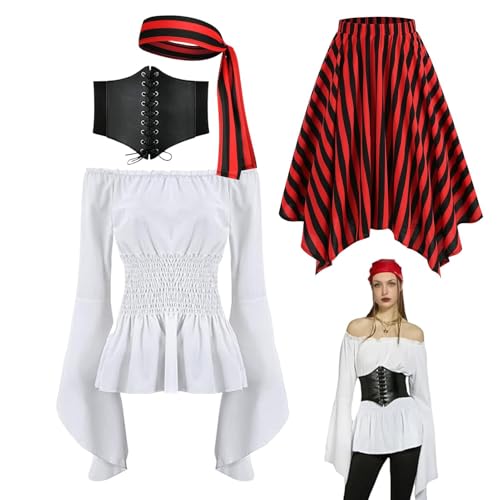 Piratenkorsettskleid - mittelalterlicher gestreikter Rock | Renaissance von Schulterbluse-Tops, Rollenspielkostüm für Halloween-Party Piratenkorsettskleid - mittelalterlicher gestreikter Rock | Renaissance von Schulterbluse-Tops, Rollenspielkostüm für Halloween-Party von Generic