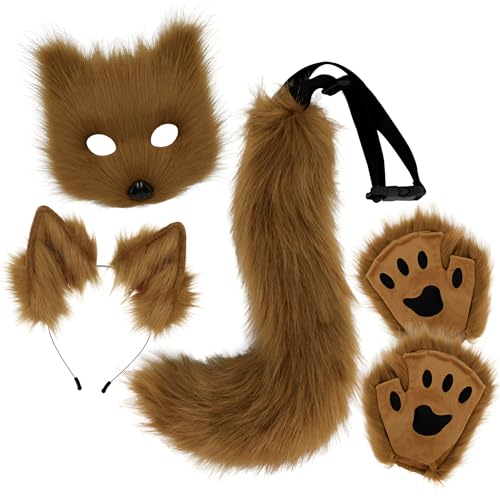 Plüsch-Fuchsmaske Tierkrallen Fuchsohren Stirnband Tierschwanz Cosplay-Accessoires passend für Halloween von Generic