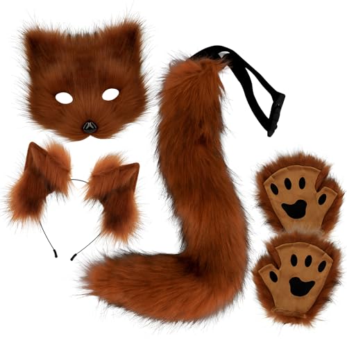 Plüsch-Fuchsmaske Tierkrallen Fuchsohren Stirnband Tierschwanz Cosplay-Accessoires passend für Halloween von Generic