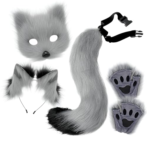 Plüsch-Fuchsmaske Tierkrallen Fuchsohren Stirnband Tierschwanz Cosplay-Accessoires passend für Halloween von Generic