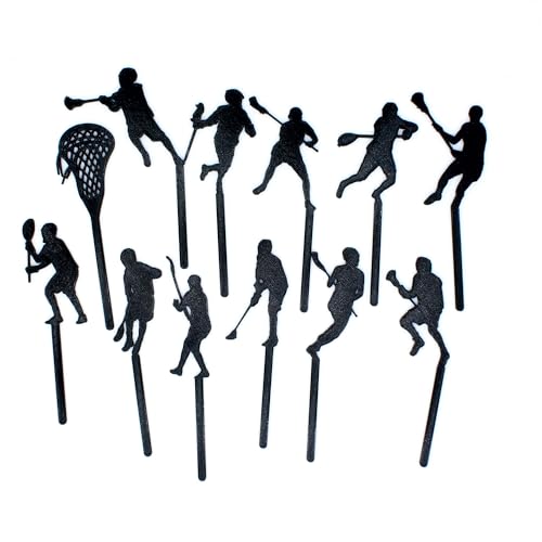Premium Set mit 12 Lacrosse Cupcake-Toppern – 3D-gedruckte schwarze Spieler-Silhouetten mit integrierten Plektren (5,1–10,2 cm hoch, 2,5 mm dick) – wiederverwendbare Dessertdekorationen von Generic