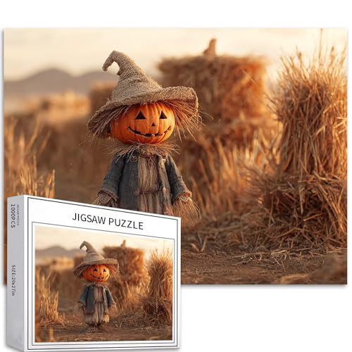 Pumpkin Head Kid 1000 Teile Puzzle für Erwachsene, Dämmerung, Strohhaufen, Kunstpuzzle, bunt, DIY-Puzzles für Heimdekoration, Geschenke, Familienpuzzle, perfekt für Spielabende, 70 × 50 cm von Generic