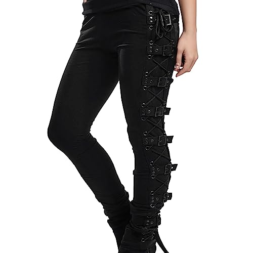 Punk Hose Damen High Waist - Gothic Kleidung Hosen Halloween Kostüm Leggings Seite Cross Bandage Slim Fit Mittelalter Piratenhose Schwarz Lange Hosen für Karneval Party Steampunk Cosplay von Generic