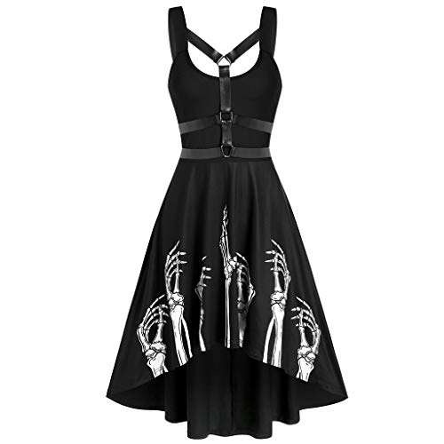 Punk Kleid Damen Totenkopf Palme Muster - Halloween Kostüm Horror Kleider Ärmellos Steampunk Trägerkleid High Low Mittelalter Viktorianisches Kleidung für Frauen Karneval Cosplay Party von Generic