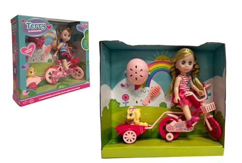 Puppe mit Fahrrad Playset Puppe mit Fahrrad und Wagen mit Welpen Hund oder Katze Terry auf dem Fahrrad Puppe mit Fahrrad Helm und Zubehör von Generic