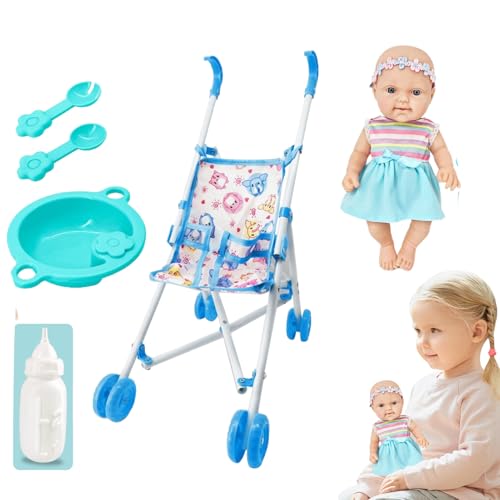 Puppe mit Kinderwagenset - 10 -Zoll -lebensechter Babypuppe, Kinderwagen, unterhaltsames Fütterungskit | Entzückendes Puppenwagen -Spielzeug für Kinder, tun Sie das Spielhaus Accessoire, perfektes Ges von Generic