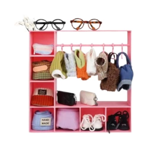 Puppenkleiderschrank für Labubu, Mini-Puppen-Garderobe – Kunststoff-Aufbewahrungs-Organizer mit 10 Aufhängern für 15–17 cm große Puppen, Kleider-Display-Box (Rosa) von Generic