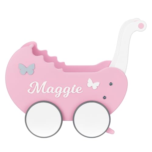 Puppenwagen ab 1 Jahr - Individuell mit Namen - Handgefertigter Puppenwagen - Holzpuppenwagen - Sicher Abgerundete Kanten - Ausdrucksstarke und Schöne Farben (Weiß-rosa) von TukuTuk