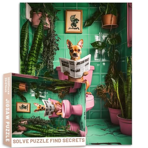 Puppies rosa Toilettenfliesen, Retro-Puzzle, 1000 Teile, Tierliebhaber, Geschenk, 50 x 70 cm, anspruchsvolle Familien-Aktivitätsspiele, buntes DIY-Bastelpuzzle für Heimdekoration, Geschenke von Generic