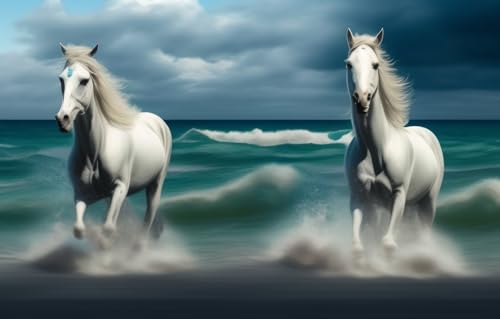 Puzzel Für Erwachsene 1000 Teile, Zwei Weiße Pferde Laufen Im Meer 3D-Puzzles 75X50Cm von Generic