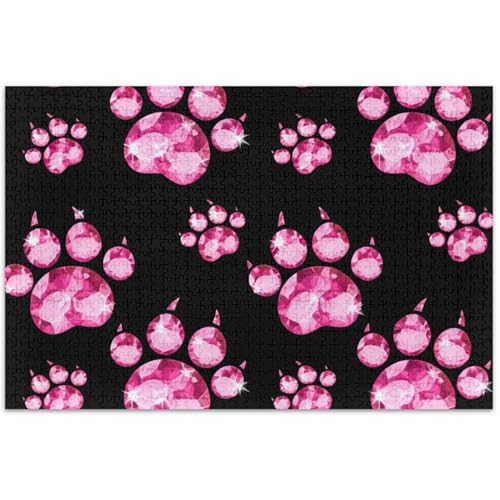 Puzzle, 500 Teile, Erwachsene, Geschenke für Puzzle-Liebhaber, rosa Kristall, Edelstein, Pfotenabdrücke, schwarz, einzigartiges Puzzle für Erwachsene, Blumen-Tiermalerei, 50,5 x 37,9 cm von Generic