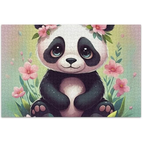 Puzzle, 500 Teile, Erwachsenen-Spiel, Puzzle, Geschenke, schwieriges Puzzle, Tierkunstmalerei, niedlicher Panda, rosa Blumen, Grün, 50 x 37 cm von Generic