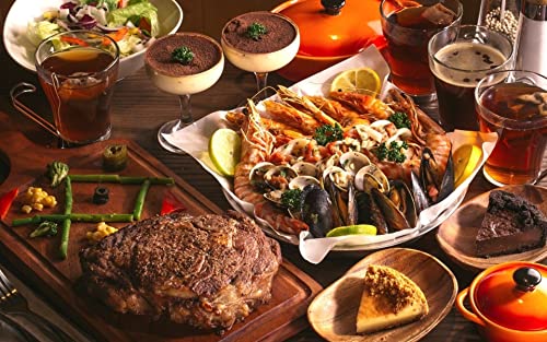 Puzzle 1000 Teile Wein, Steak, Dessert, Meeresfrüchte, Abendessen, Weihnachtsessen, Stillleben 75 * 50Cm von Generic