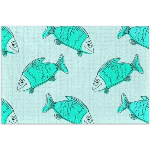 Puzzle 500 Teile für Erwachsene, Freunde, Familienspiel, Geschenke, niedlicher Cartoon-Fisch, Türkis, lustig, Natur-Puzzle, Tier-Kunstdruck, 50,5 x 37,8 cm von Generic