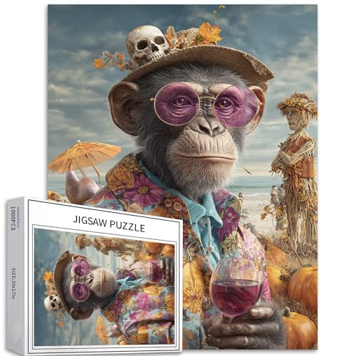Puzzle Affe im Kürbis-Shirt, 1000 Teile, für Erwachsene, Vogelscheuche, Strandszene, Kunst-Puzzle, buntes DIY-Puzzle, Heimdekoration, Geschenke, Familienpuzzle, perfekt für Spieleabende, 50 x 70 cm von Generic