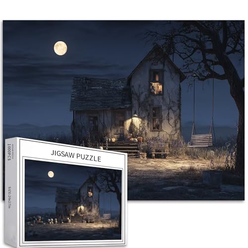 Puzzle Bauernhaus im Mondlicht, 1000 Teile für Erwachsene, Skelett, Vorgarten, Kunst-Puzzle, herausfordernde Familienaktivitäten, buntes Bastelpuzzle für Heimdekoration, Geschenke, 68 x 50 cm Puzzle Bauernhaus im Mondlicht, 1000 Teile für Erwachsene, Skelett, Vorgarten, Kunst-Puzzle, herausfordernde Familienaktivitäten, buntes Bastelpuzzle für Heimdekoration, Geschenke, 68 x 50 cm von Generic