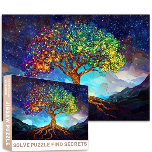 Puzzle Baum des Lebens, 1000 Teile, Buntglas-Kunst, lebendige Farben, Sternenhimmel, 68 x 50 cm von Generic