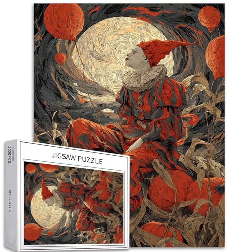 Puzzle "Clown Under The Moon", 1000 Teile für Erwachsene, Kürbis-Ballon-Kunst-Puzzle, herausfordernde Familienaktivitäten, buntes Bastelpuzzle für Heimdekoration, Geschenke, 50,8 x 68,6 cm von Generic