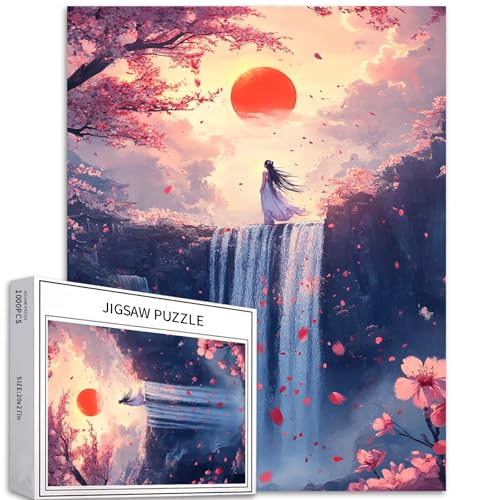 Puzzle Frau auf dem Kirschblüten-Wasserfall, 1000 Teile für Erwachsene, rote Sonne, Hintergrund, Kunst-Puzzle, bunt, DIY-Puzzles für Heimdekoration, Geschenke, Familienpuzzle, perfekt für Spielabende Puzzle Frau auf dem Kirschblüten-Wasserfall, 1000 Teile für Erwachsene, rote Sonne, Hintergrund, Kunst-Puzzle, bunt, DIY-Puzzles für Heimdekoration, Geschenke, Familienpuzzle, perfekt für Spielabende von Generic