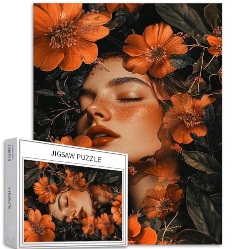 Puzzle Frau im Blumenmeer, 1000 Teile für Erwachsene, Kunstpuzzle mit orangefarbenen Blumen und Blättern, anspruchsvolle Familienaktivitäten, buntes DIY-Bastelpuzzle für Heimdekoration, Geschenke, 50 von Generic