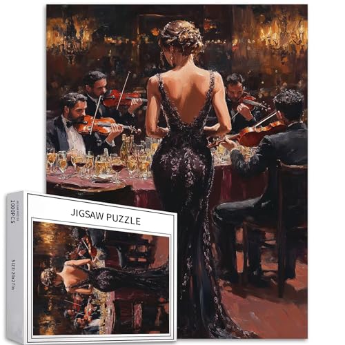 Puzzle Frau im schwarzen Kleid, 1000 Teile für Erwachsene, Jazz-Bar-Szene, Kunst-Puzzle, buntes DIY-Puzzle, für Heimdekoration, Geschenke, Familienpuzzle, perfekt für Spieleabende, 50 x 70 cm von Generic