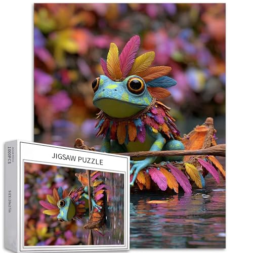 Puzzle Frosch im Federumhang, 1000 Teile für Erwachsene, Tribal-Festival, Kunst-Puzzle, buntes DIY-Puzzle, für Heimdekoration, Geschenke, Familienpuzzle, perfekt für Spieleabende, 50 x 70 cm von Generic