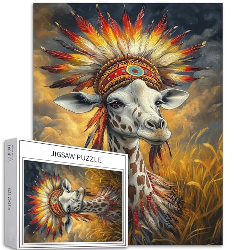 Puzzle Giraffe auf dem Grasland, 1000 Teile für Erwachsene, indisches Federhelm, Kunst-Puzzle, buntes DIY-Puzzle, für Heimdekoration, Geschenke, Familienpuzzle, perfekt für Spieleabende, 50 x 70 cm von Generic