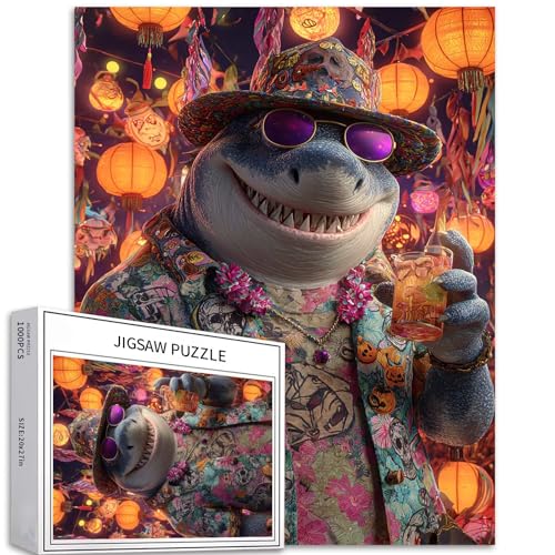 Puzzle Hai mit Sonnenbrille, 1000-teiliges Puzzle für Erwachsene, Halloween-Atmosphäre, Kunst-Puzzle, herausfordernde Familienaktivitäten, buntes Bastelpuzzle für Heimdekoration, Geschenke, 50,8 x von Generic