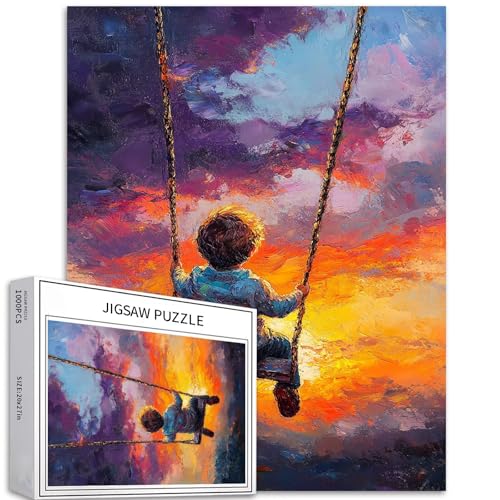 Puzzle Junge auf Schaukel, 1000-teiliges Puzzle für Erwachsene, Sonnenuntergang, Hintergrund, Kunst-Puzzle, anspruchsvolle Familienaktivitäten, buntes Bastelpuzzle für Heimdekoration, Geschenke, 50,8 von Generic