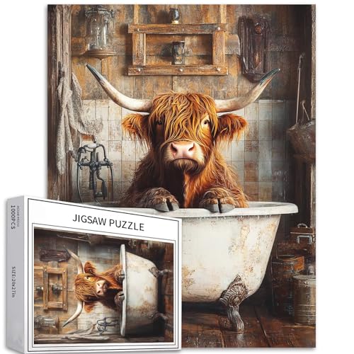 Hochlandkuh in der Badewanne, 1000-teiliges Puzzle für Erwachsene, rustikale Badezimmer-Szene, Kunst-Puzzle, herausfordernde Familienaktivitäten, buntes Bastelpuzzle für Heimdekoration, Geschenke, 50 Hochlandkuh in der Badewanne, 1000-teiliges Puzzle für Erwachsene, rustikale Badezimmer-Szene, Kunst-Puzzle, herausfordernde Familienaktivitäten, buntes Bastelpuzzle für Heimdekoration, Geschenke, 50 von Generic