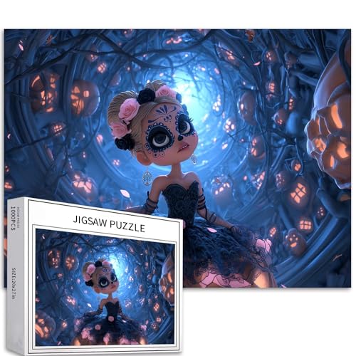 Puzzle Mädchen auf Kürbis, 1000 Teile für Erwachsene, Halloween, Cartoon-Stil, Kunst-Puzzle, herausfordernde Familienaktivitäten, buntes Bastelpuzzle für Heimdekoration, Geschenke, 68 x 50 cm von Generic