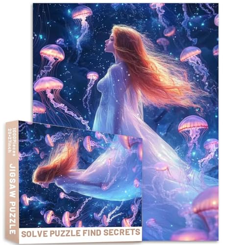 Puzzle Meerjungfrau mit biolumineszierenden Quallen für Heimdekoration, bunte DIY-Puzzles für Heimdekoration, Geschenke, Familienpuzzle, perfekt für Spieleabende, 68 x 50 cm, 1000 Teile von Generic