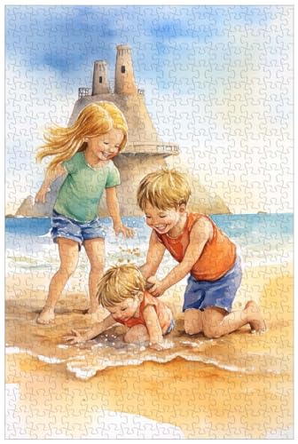 Puzzle für Erwachsene, 1000 Teile, Holz, Kinder toben am Strand, 90981, Gemälde zur Raumdekoration. (C ; 1000) von Generic