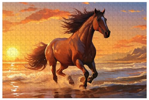 Puzzle für Erwachsene, 1000 Teile, aus Holz, für „In der untergehenden Sonne, EIN Pferd galoppiert am Strand“, mehrere Muster (A ; 500) von Generic
