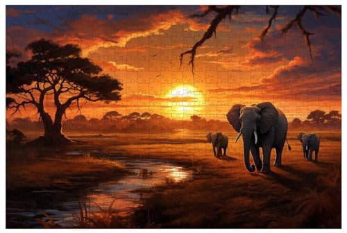 Puzzle für Erwachsene, 1000 Teile, aus Holz, für Die untergehende Sonne wirft einen goldenen Glanz, während eine Herde majestätischer Elefanten die Weite Savanne durchquert (A ; 500) von Generic