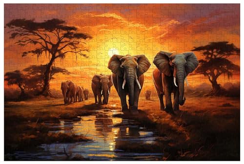 Puzzle für Erwachsene, 1000 Teile, aus Holz, für Die untergehende Sonne wirft einen goldenen Glanz, während eine Herde majestätischer Elefanten die Weite Savanne durchquert (B ; 1000) von Generic
