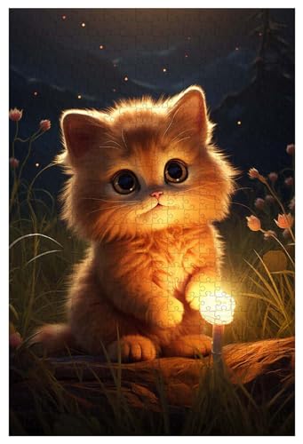 Puzzle für Erwachsene, 1000 Teile, aus Holz, für Eine süße Katze sitzt auf dem weichen Gras, ihre Haare schimmern in goldenem Licht (A ; 500) von Generic