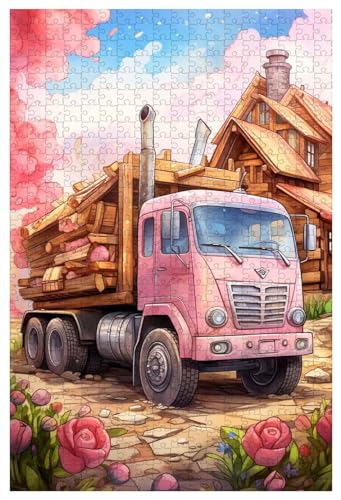 Puzzle für Erwachsene, 1000 Teile, aus Holz, für Schöner rosa LKW mit Holzhäusern, umgeben von rosa Blumen (D ; 1000) von Generic