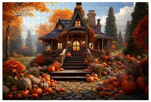 Puzzle für Erwachsene, 1000 Teile, aus Holz, für Schönes Holzhaus im Herbstwald, umgeben von Kürbissen und bunten Blättern (D ; 500) von Generic