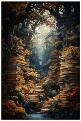 Puzzle für Erwachsene, 1000 Teile, aus Holz, für einen fantasievollen Wald aus verzauberten Büchern, jeder Stapel Bilderbücher ist in tiefen, satten Farben gehalten. (D ; 500) von Generic