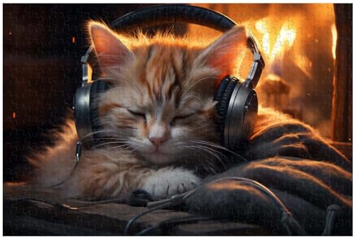 Puzzle für Erwachsene, 1000 Teile, denn das Kätzchen trägt Kopfhörer und hört Musik zum Einschlafen, Tierpuzzle (a ; 1000) von Generic