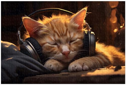 Puzzle für Erwachsene, 1000 Teile, denn das Kätzchen trägt Kopfhörer und hört Musik zum Einschlafen, Tierpuzzle (b ; 1000) von Generic