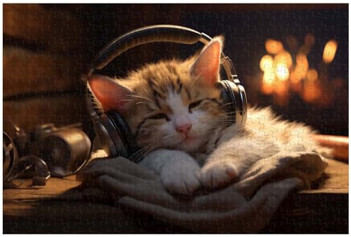 Puzzle für Erwachsene, 1000 Teile, denn das Kätzchen trägt Kopfhörer und hört Musik zum Einschlafen, Tierpuzzle (c ; 1000) von Generic