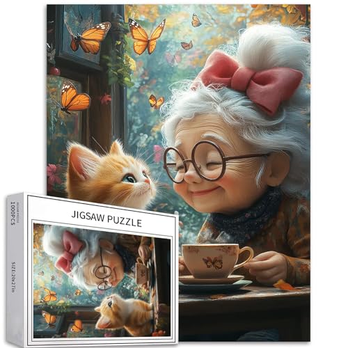 Puzzle für Erwachsene, Motiv: Großmutter trinkt Tee mit Katze, 1000 Teile, warme Atmosphäre, Kunst-Puzzle, bunt, DIY-Puzzles für Heimdekoration, Geschenke, Familienpuzzle, perfekt für Spielabende, 50 Puzzle für Erwachsene, Motiv: Großmutter trinkt Tee mit Katze, 1000 Teile, warme Atmosphäre, Kunst-Puzzle, bunt, DIY-Puzzles für Heimdekoration, Geschenke, Familienpuzzle, perfekt für Spielabende, 50 von Generic