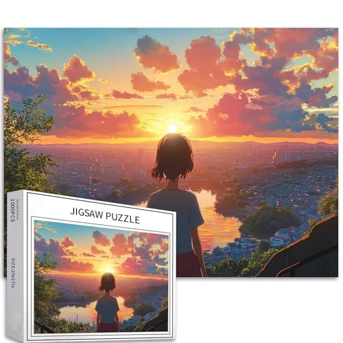 Puzzle für Erwachsene, Motiv: Mädchen mit Blick auf die Stadt, 1000 Teile, Sonnenuntergang, Hintergrund, Kunst, Puzzle, anspruchsvolle Familienaktivitäten, buntes Bastelpuzzle für Heimdekoration von Generic
