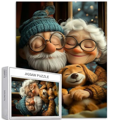 Puzzle für ältere Paare mit Welpe, 1000 Teile, für Erwachsene, Zuhause, Schlafzimmer, Hintergrundkunst-Puzzle, bunt, DIY-Puzzles für Heimdekoration, Geschenke, Familienpuzzle, perfekt für Spieleabende von Generic