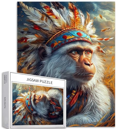 Puzzle mit Affen auf dem Grasland, 1000 Teile für Erwachsene, Tribal-Stil, Kunst-Puzzle, bunt, DIY-Puzzles für Heimdekoration, Geschenke, Familienpuzzle, perfekt für Spieleabende, 50 x 70 cm von Generic